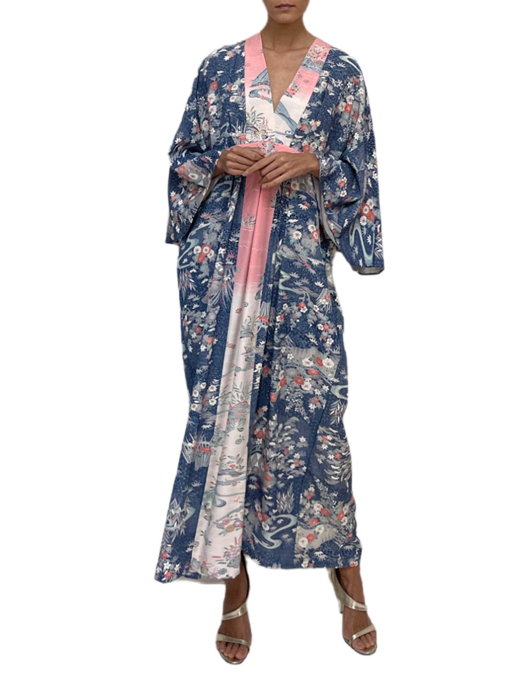 Women's MORPHEW COLLECTION Navy Blue, White & Pink Floral Japanese Kimono Silk Kaftan For Sale