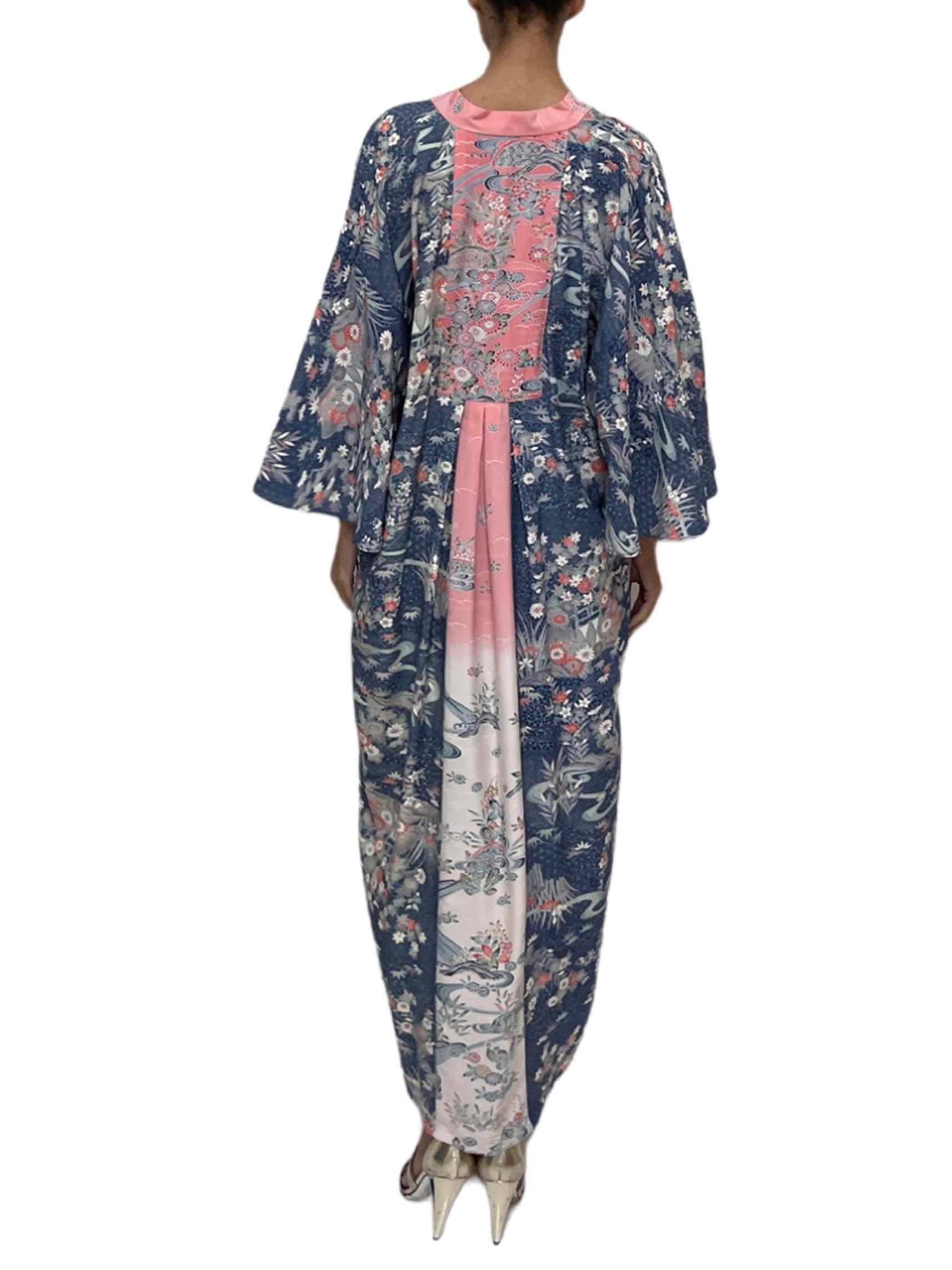 MORPHEW COLLECTION Navy Blue, White & Pink Floral Japanese Kimono Silk Kaftan For Sale 2