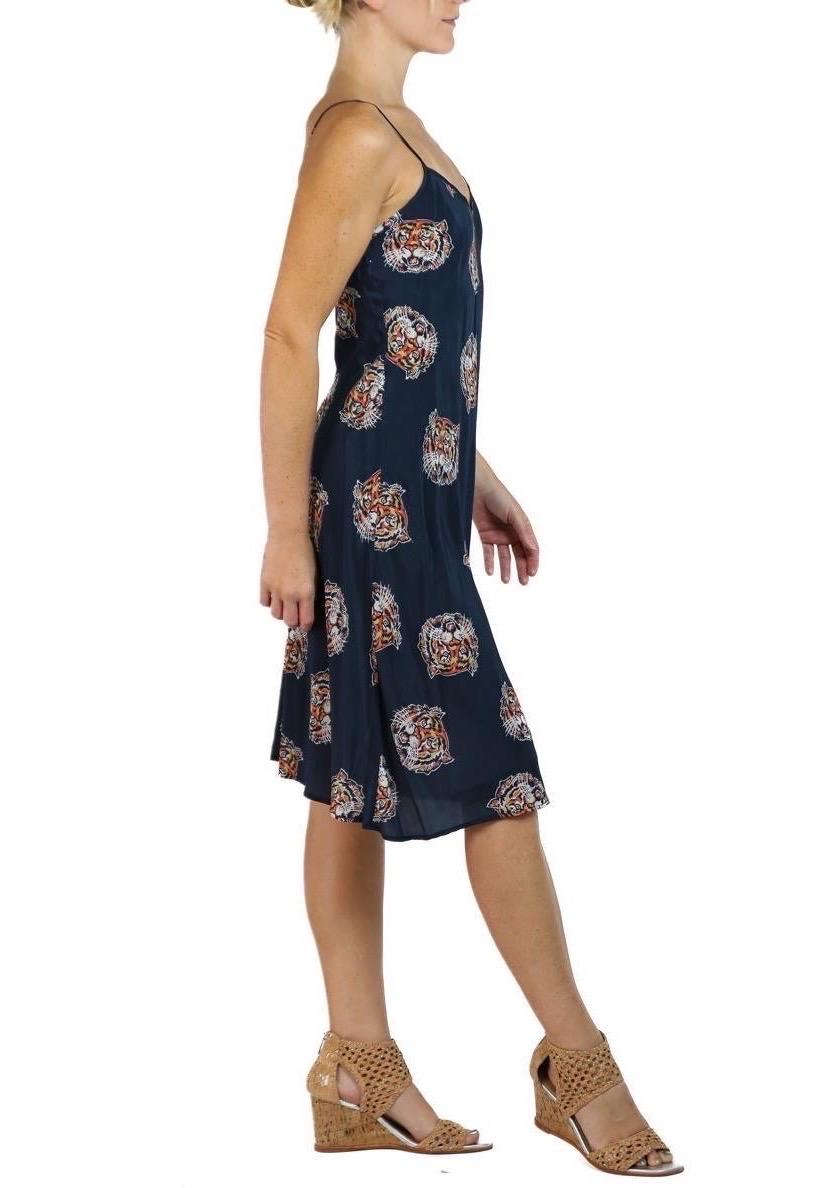 Women's Morphew Collection Navy Tiger Head Print Cold Rayon Bias Maxi Slip Dress For Sale