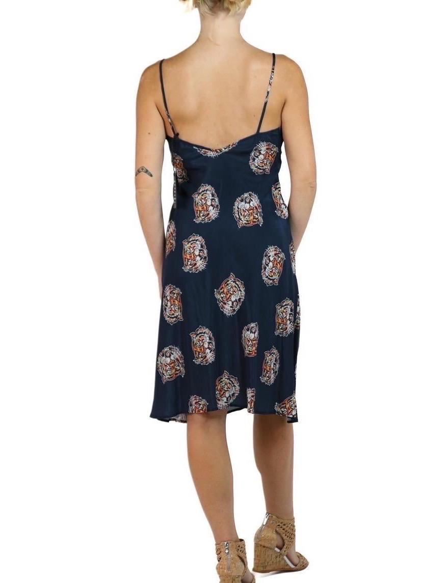 Morphew Collection Navy Tiger Head Print Cold Rayon Bias Maxi Slip Dress For Sale 1