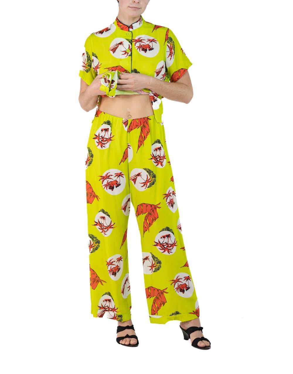 Morphew Collection Neon Green & Orange Rayon Hawaiian Print Pajamas Master Large For Sale 2