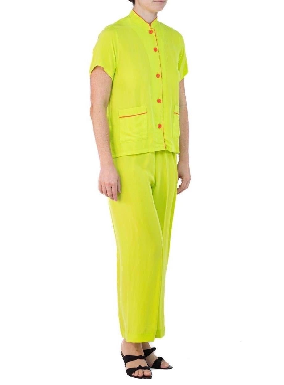 Morphew Collection Neon Green & Orange Trim Cold Rayon Bias Pajamas Master Medi For Sale 2