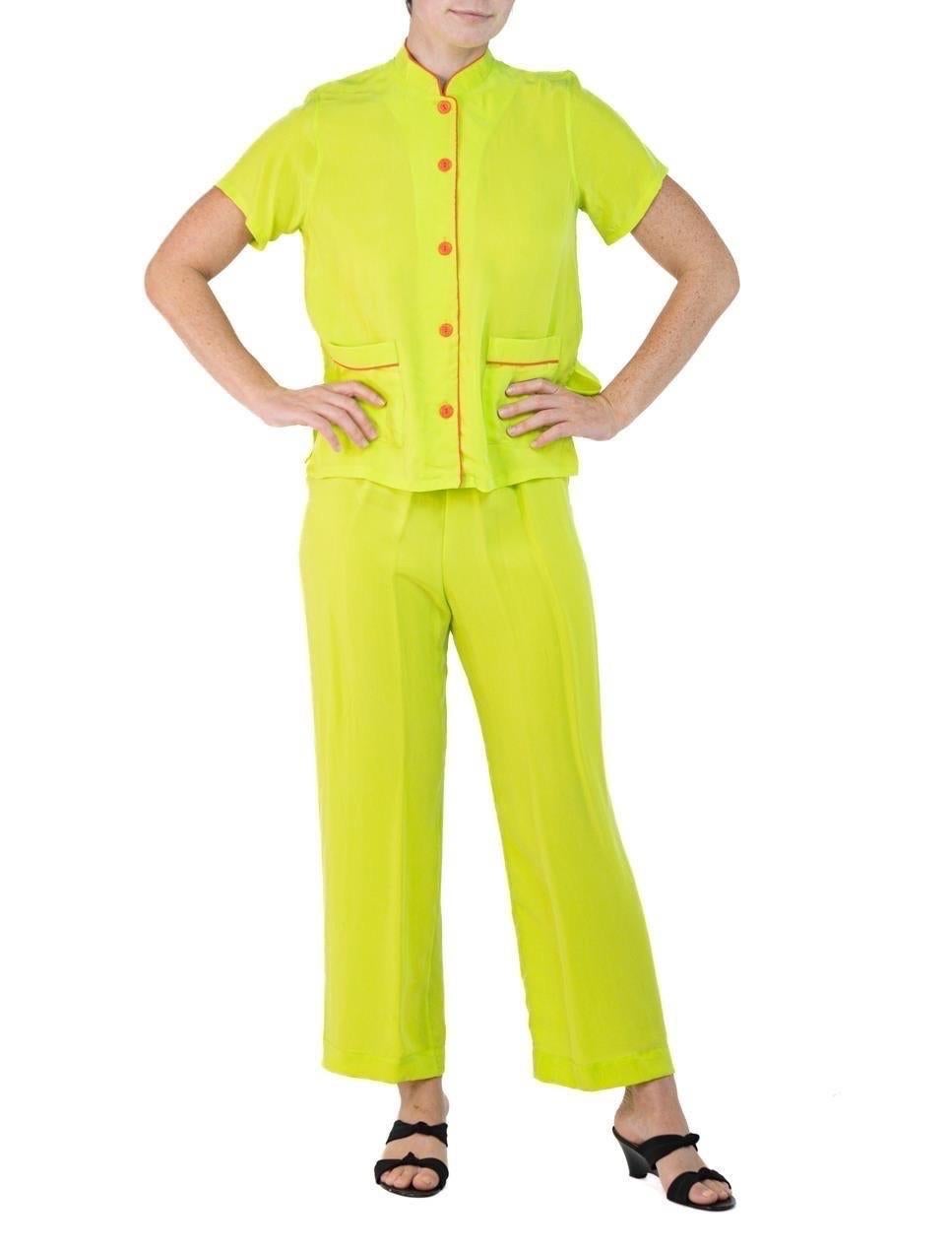 Morphew Collection Neon Green & Orange Trim Cold Rayon Bias Pajamas Master Medi For Sale 3