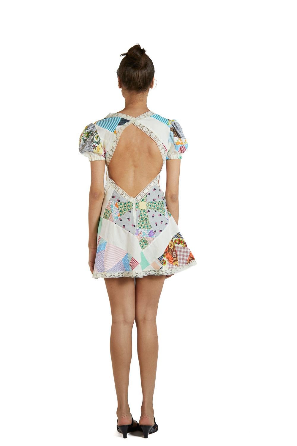 MORPHEW COLLECTION Off White Cotton & Vintage Lace Patchwork Quilt Dress For Sale 1