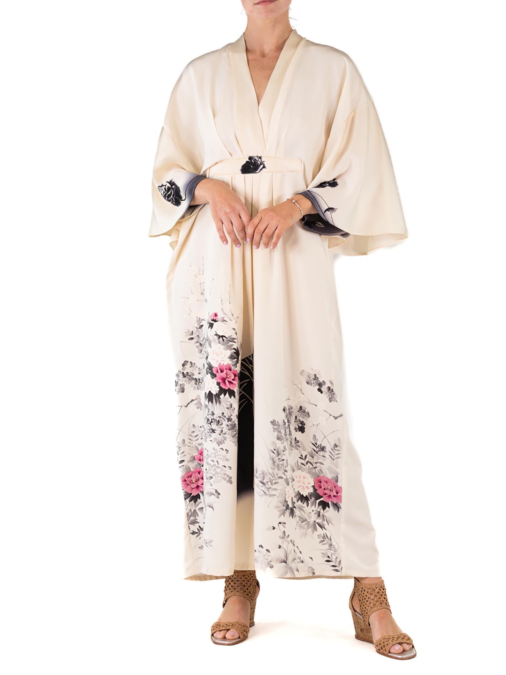 MORPHEW COLLECTION Off White Ombré Floral Print Japanese Kimono Silk Kaftan For Sale 2