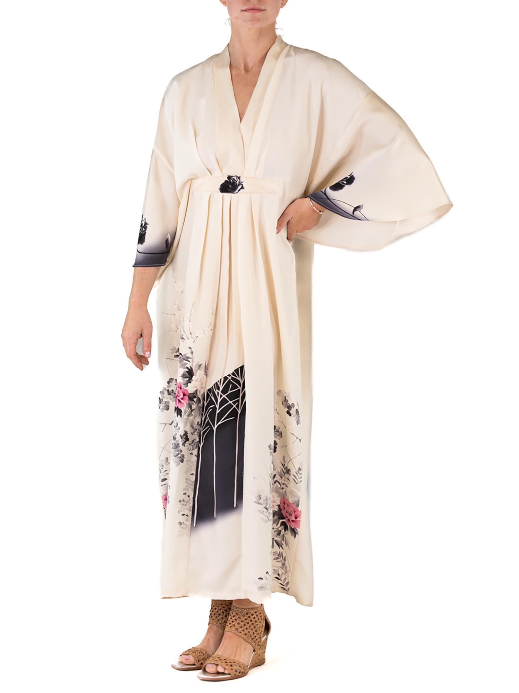 MORPHEW COLLECTION Off White Ombré Floral Print Japanese Kimono Silk Kaftan For Sale 3