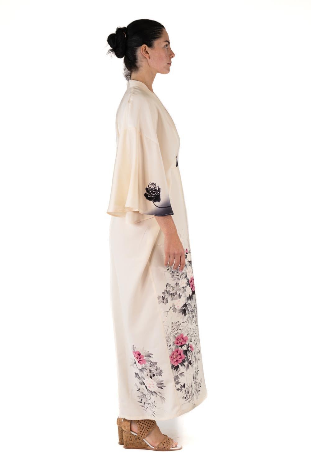 MORPHEW COLLECTION Off White Ombré Floral Print Japanese Kimono Silk Kaftan For Sale 5