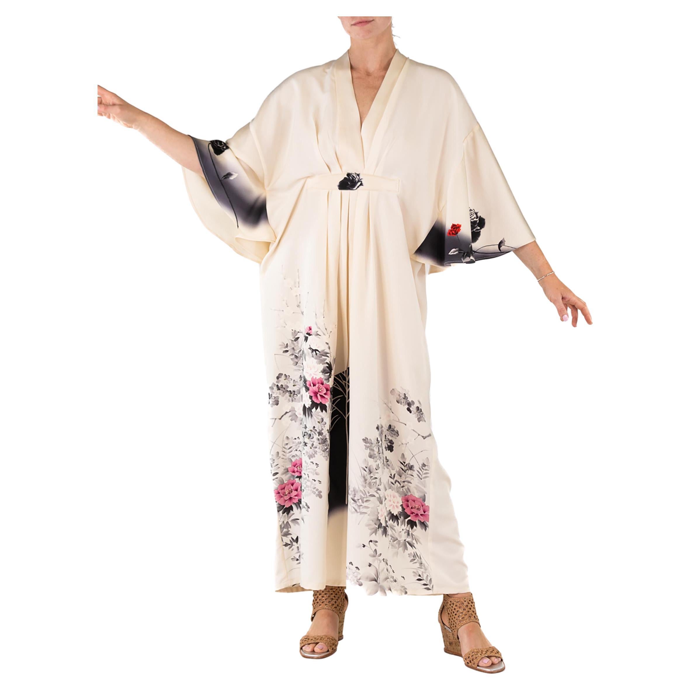 MORPHEW COLLECTION Off White Ombré Floral Print Japanese Kimono Silk Kaftan For Sale