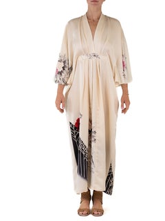MORPHEW COLLECTION Off White Roses Print Japanese Kimono Silk Kaftan