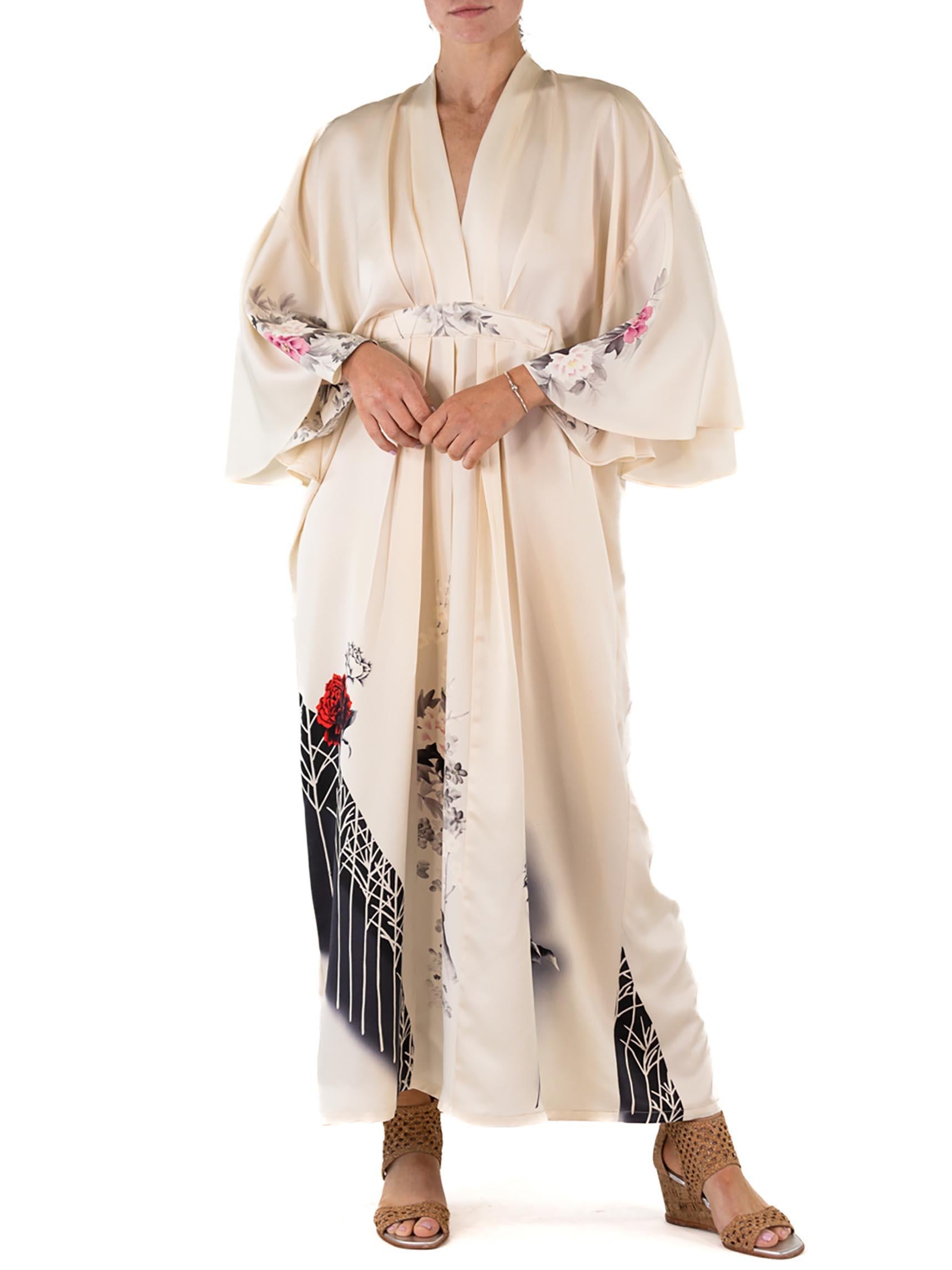 MORPHEW COLLECTION Off White Roses Print Japanese Kimono Silk Kaftan For Sale 1