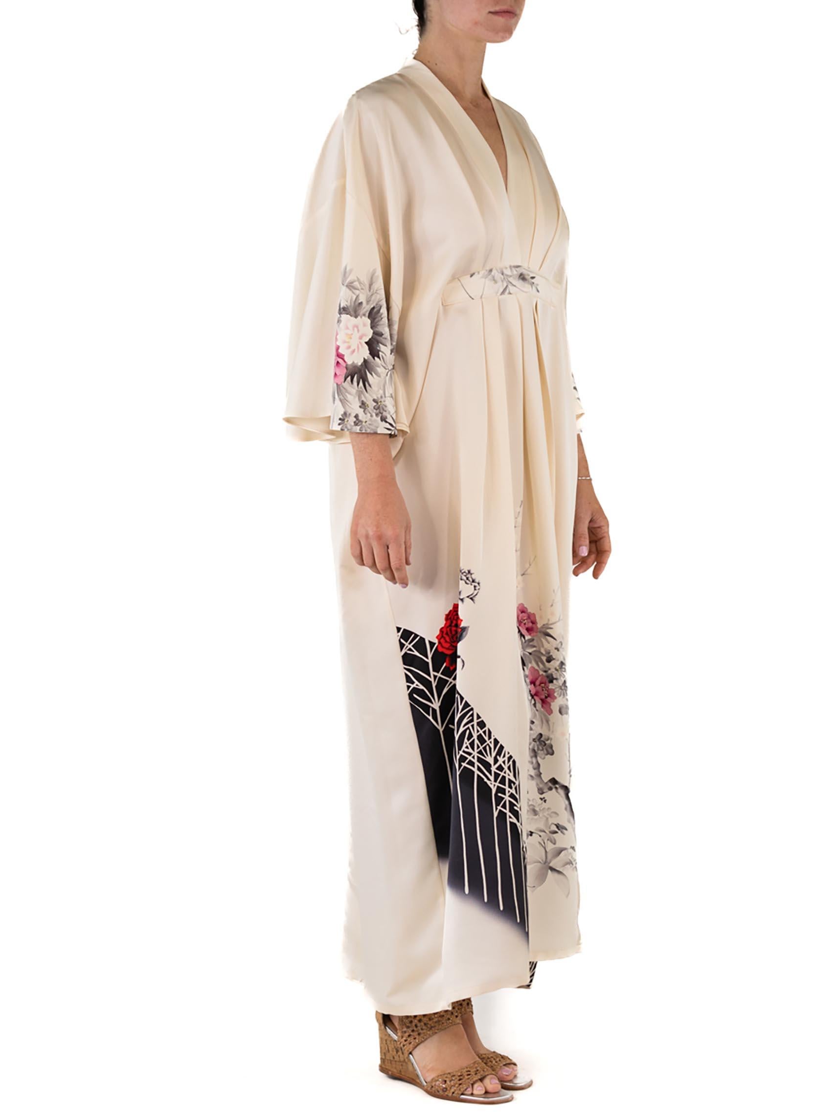 MORPHEW COLLECTION Off White Roses Print Japanese Kimono Silk Kaftan For Sale 3