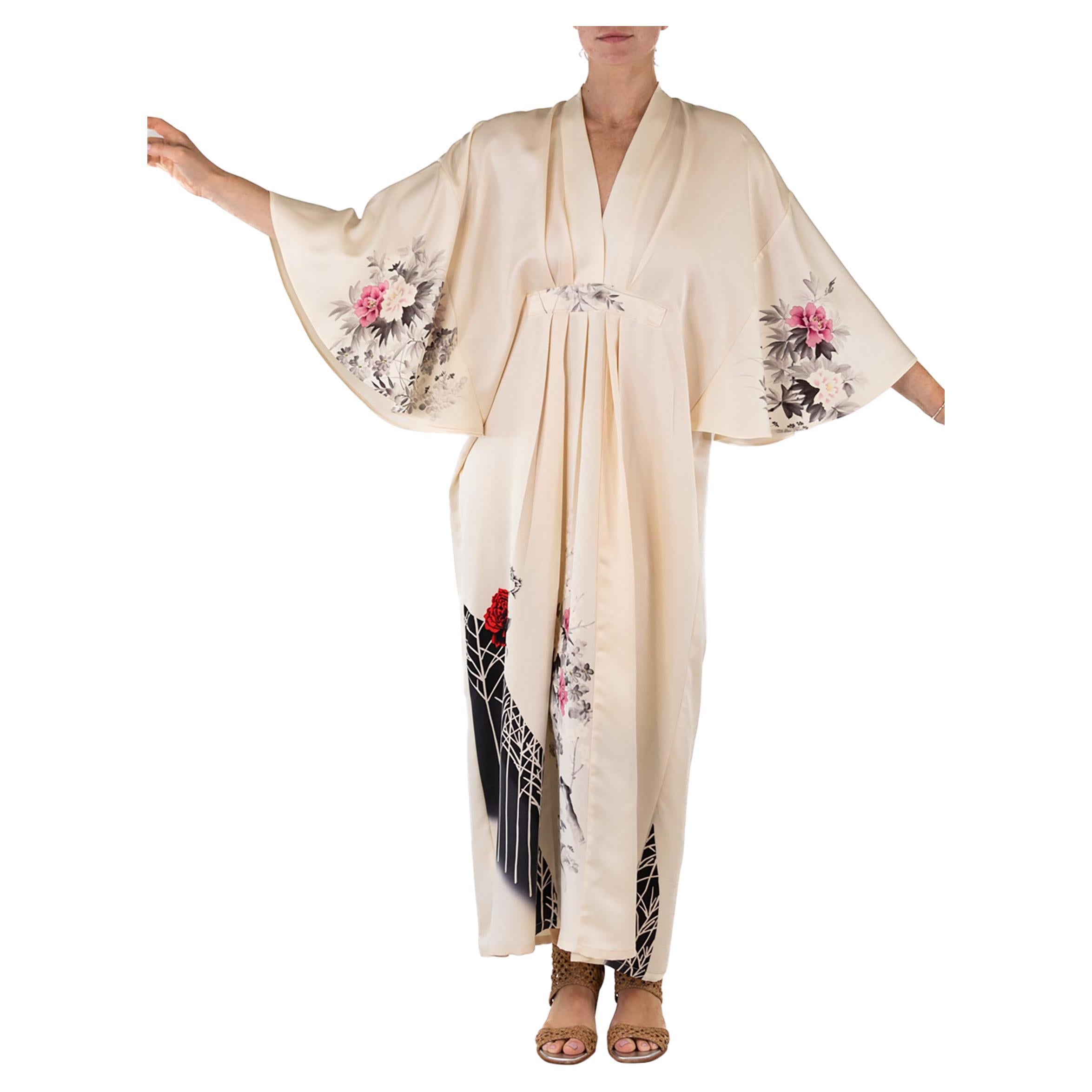 MORPHEW COLLECTION Off White Roses Print Japanese Kimono Silk Kaftan For Sale