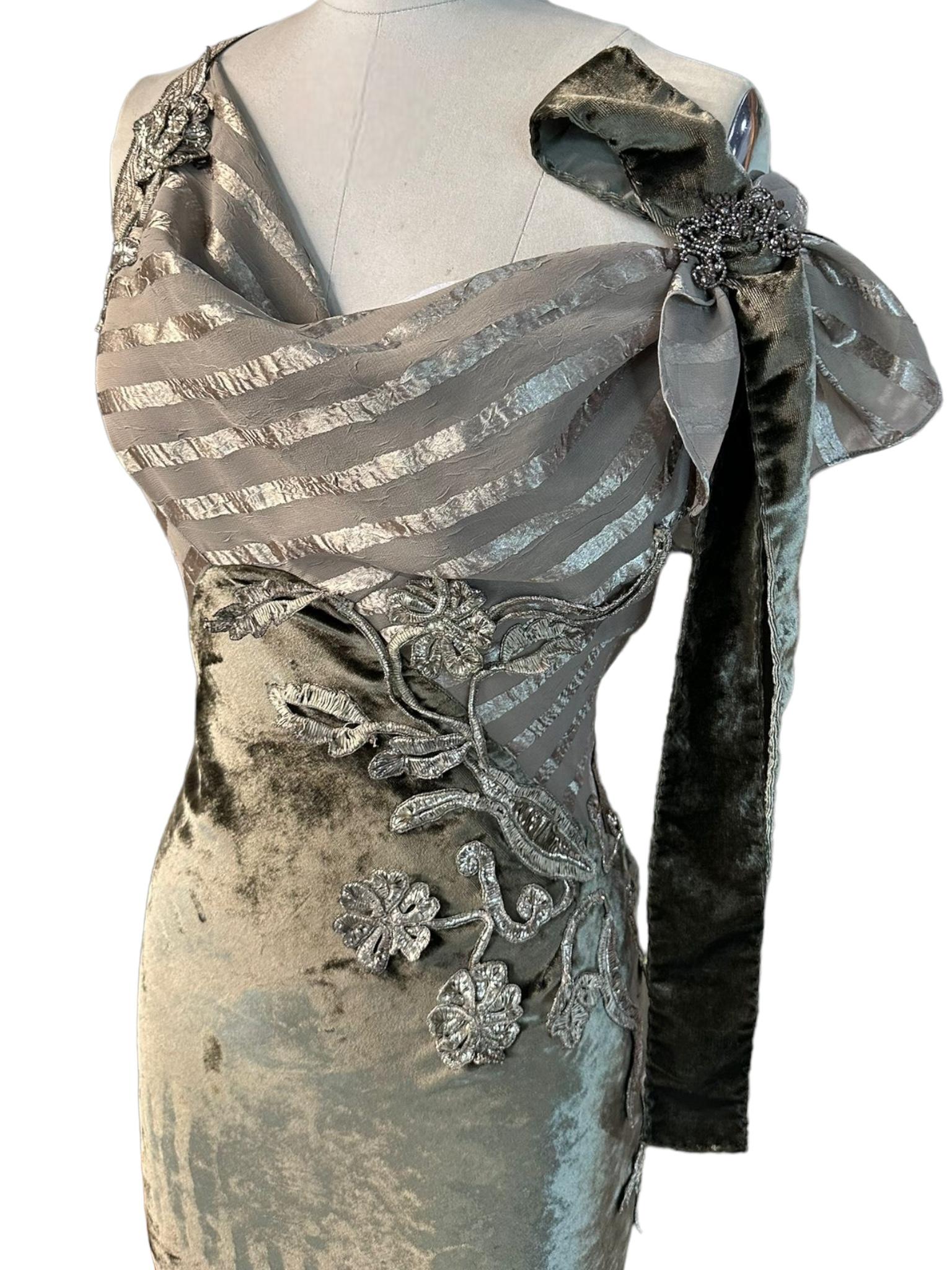 MORPHEW COLLECTION Olive Green Bias Cut Rayon Blend Velvet & Satin Striped Chiff For Sale 4