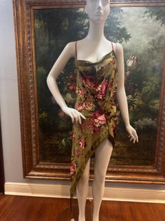 MORPHEW COLLECTION Olive Green Floral Burnout Velvet Cocktail Dress with Fringe