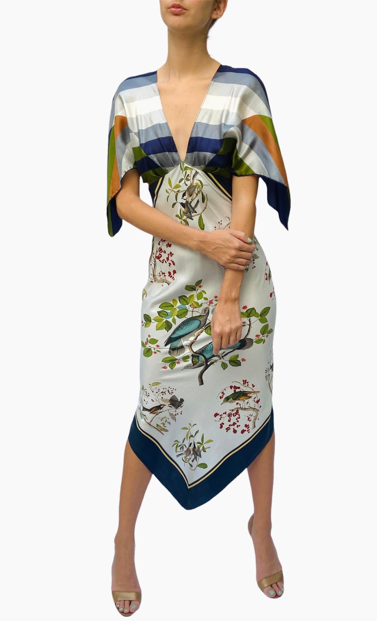 Morphew Collection Olive Green, Navy Blue & White Silk Bird Print 2-Scarf Dress 2