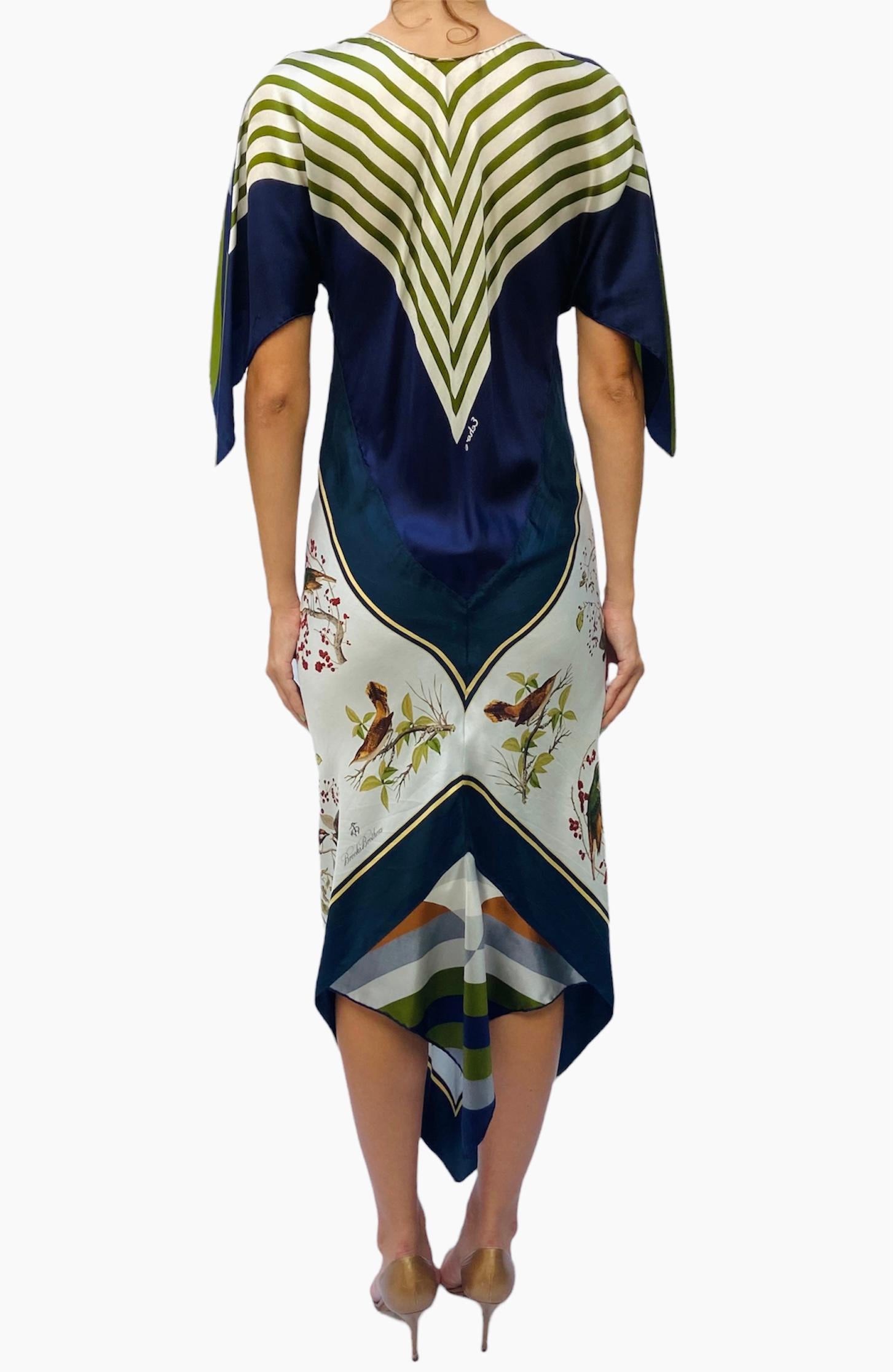 Morphew Collection Olive Green, Navy Blue & White Silk Bird Print 2-Scarf Dress For Sale 1