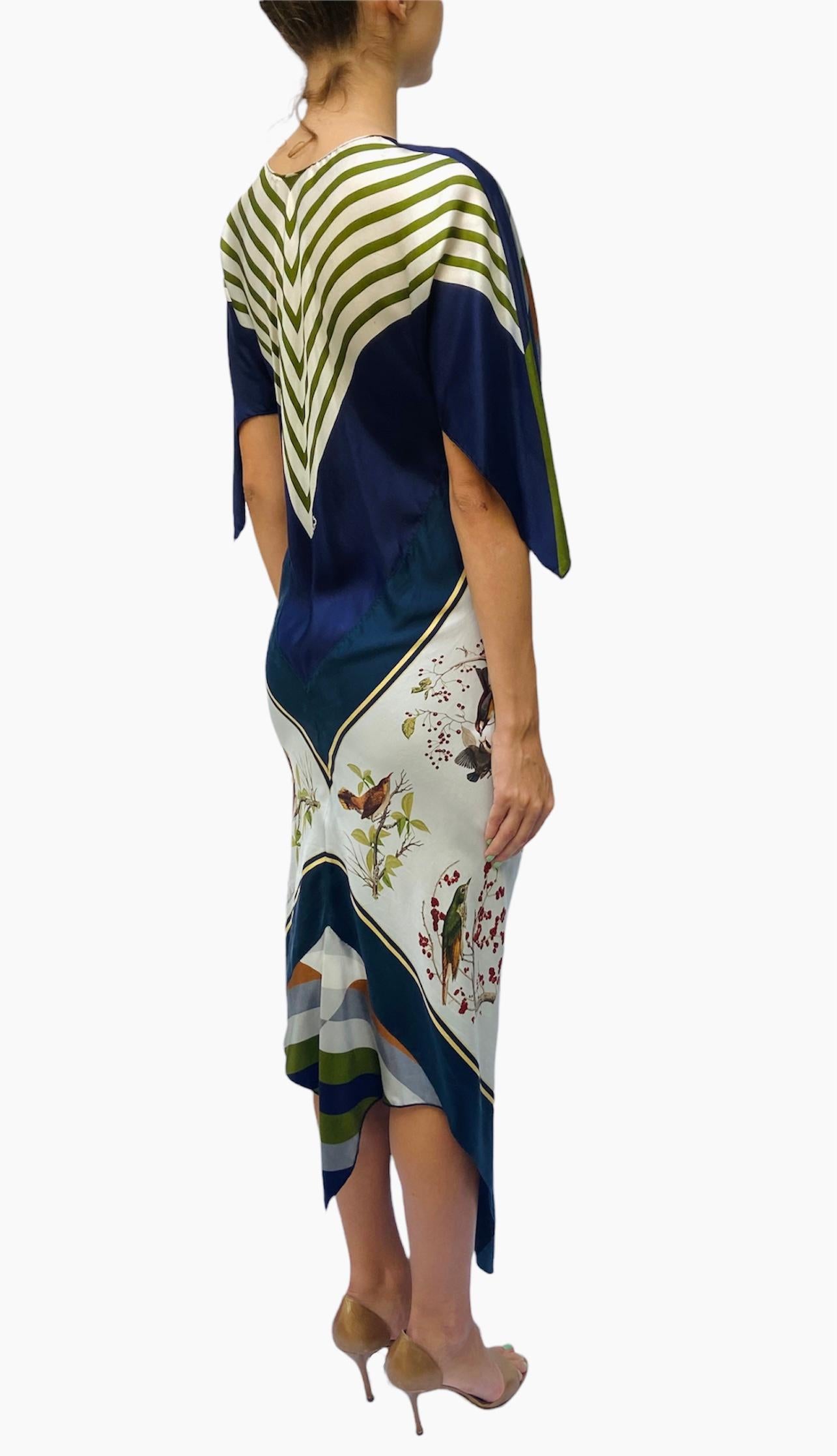 Brown Morphew Collection Olive Green, Navy Blue & White Silk Bird Print 2-Scarf Dress