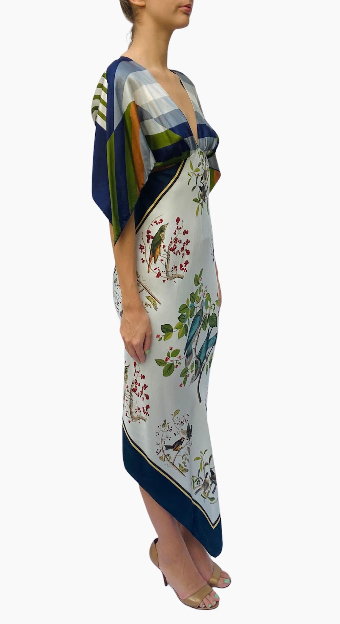 Morphew Collection Olive Green, Navy Blue & White Silk Bird Print 2-Scarf Dress For Sale 4