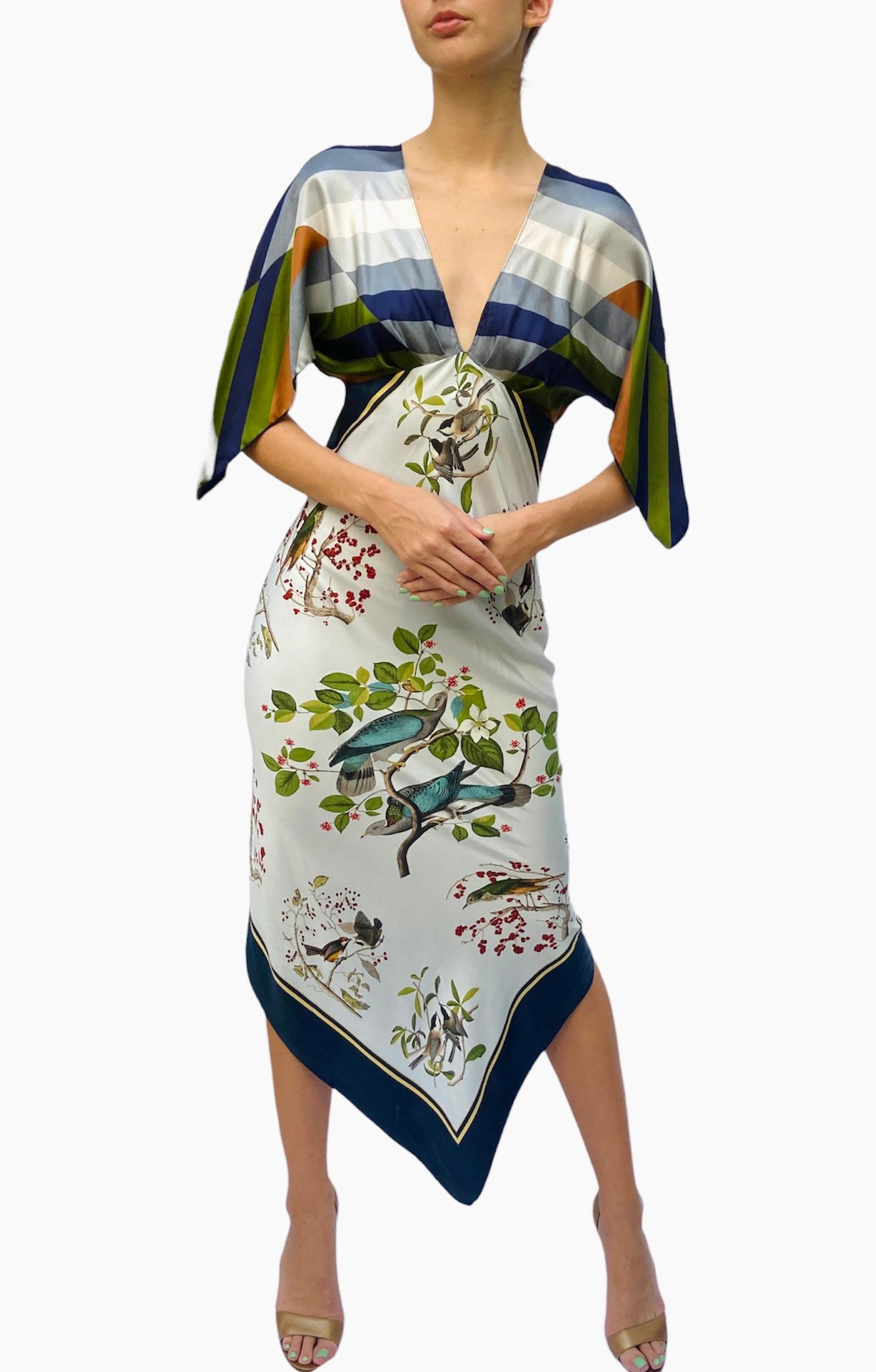 Morphew Collection Olive Green, Navy Blue & White Silk Bird Print 2-Scarf Dress For Sale 5