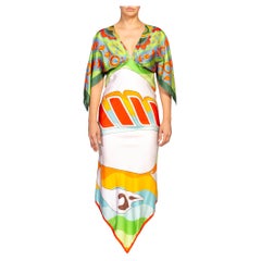 MORPHEW COLLECTION Olive Green, Orange & Red Silk Floral Geo Dress With Swan Pr