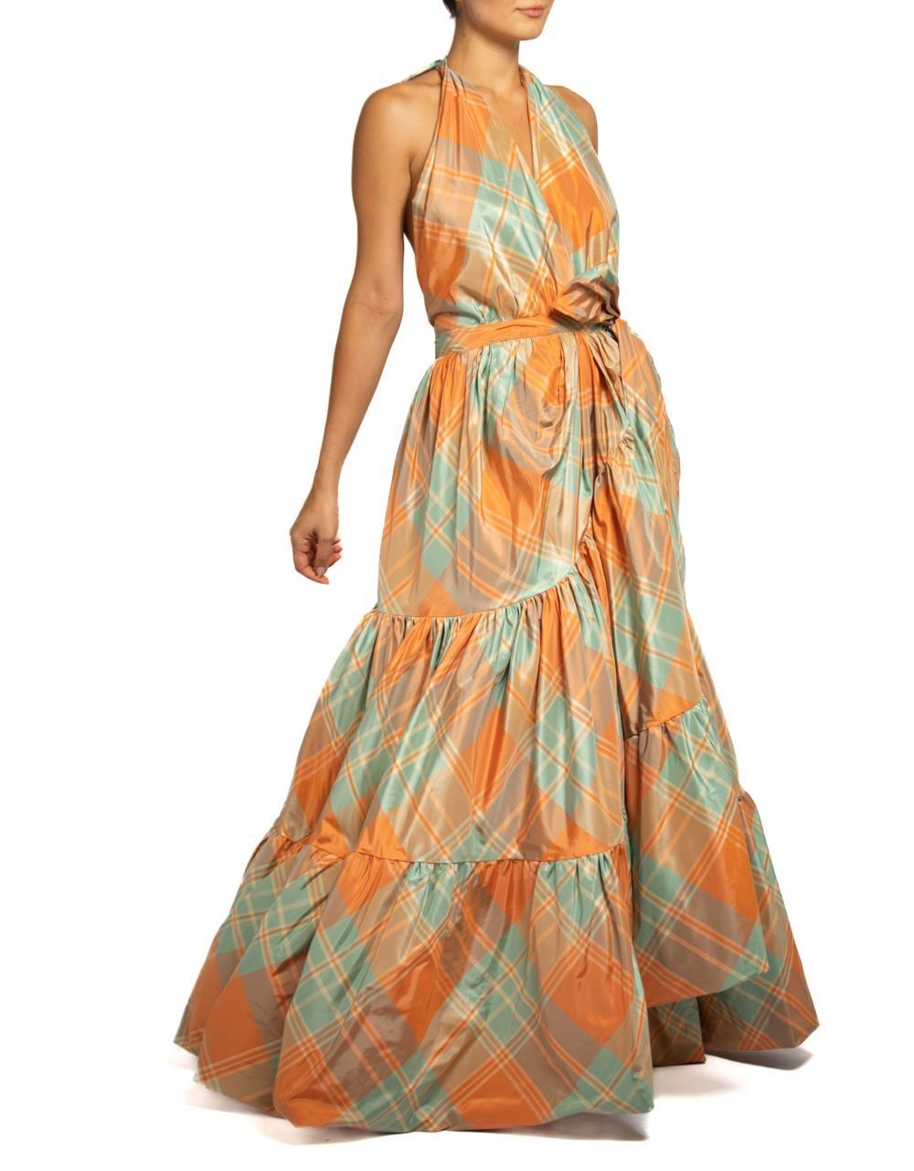 MORPHEW COLLECTION Orange & Aqua Silk Taffeta Plaid Gown MASTER In Excellent Condition For Sale In New York, NY