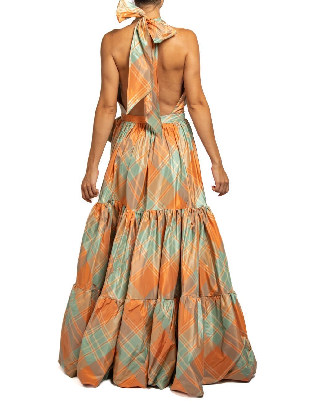 Women's MORPHEW COLLECTION Orange & Aqua Silk Taffeta Plaid Gown MASTER For Sale