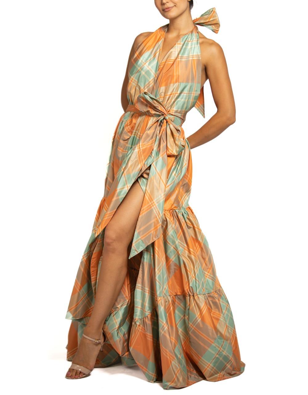 MORPHEW COLLECTION Orange & Aqua Silk Taffeta Plaid Gown MASTER For Sale 1