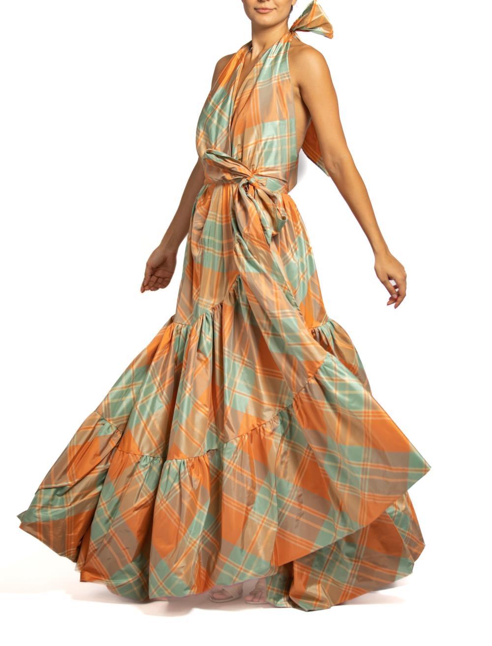 MORPHEW COLLECTION Orange & Aqua Silk Taffeta Plaid Gown MASTER For Sale 2