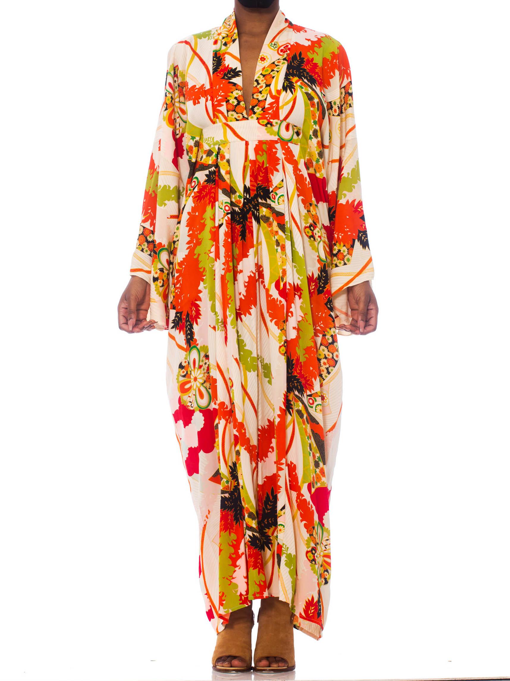 MORPHEW COLLECTION Orange & Black Floral Flutter Sleeve Kaftan Made From 1940S Japanese Kimono Silk