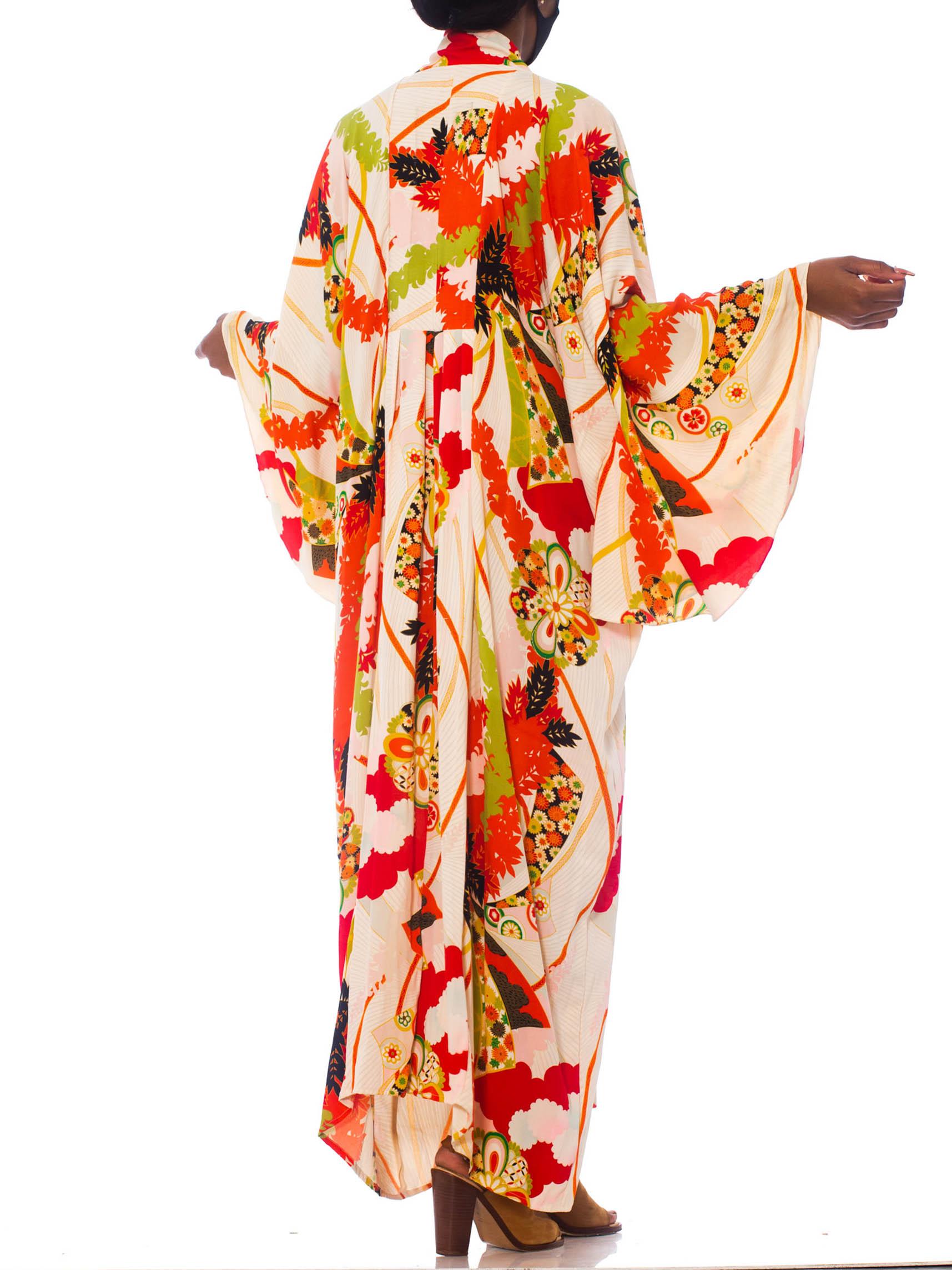MORPHEW COLLECTION Orange & Black Floral Flutter Sleeve Kaftan Made From 1940S  In Excellent Condition In New York, NY