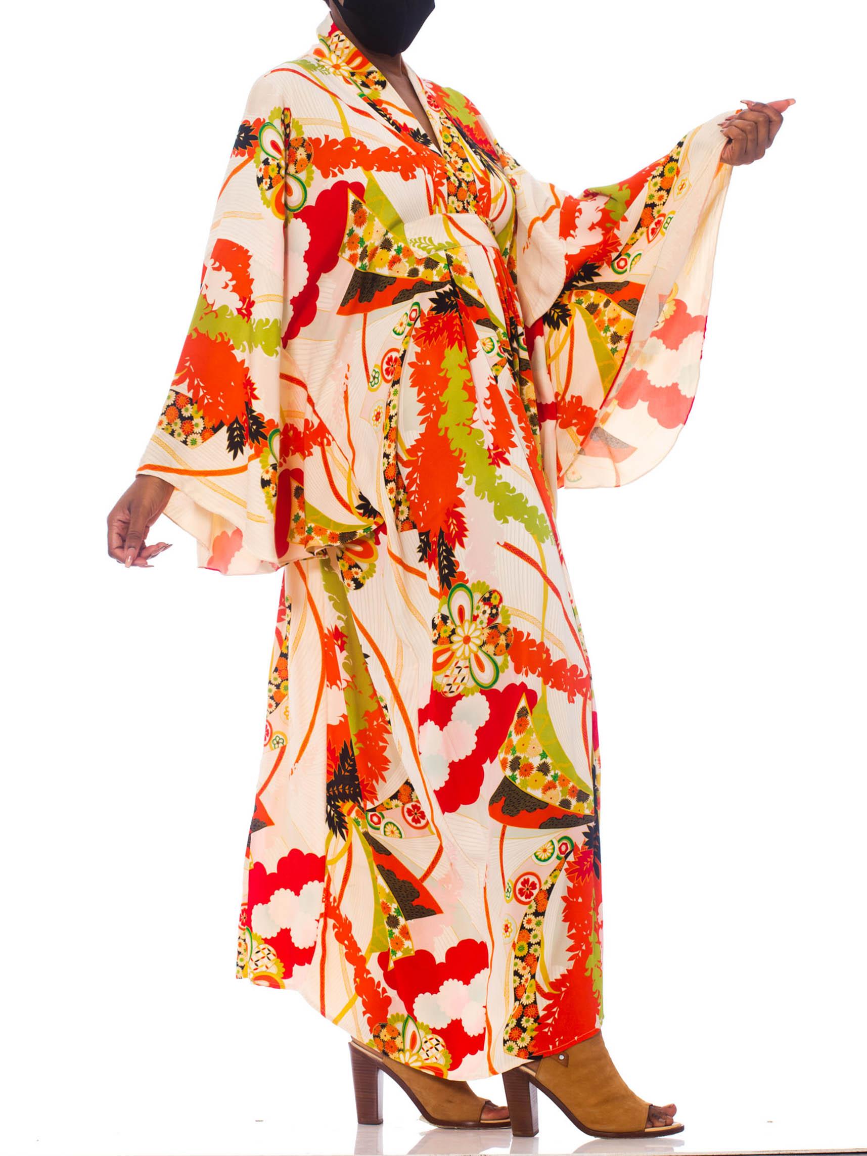 MORPHEW COLLECTION Orange & Black Floral Flutter Sleeve Kaftan Made From 1940S  2