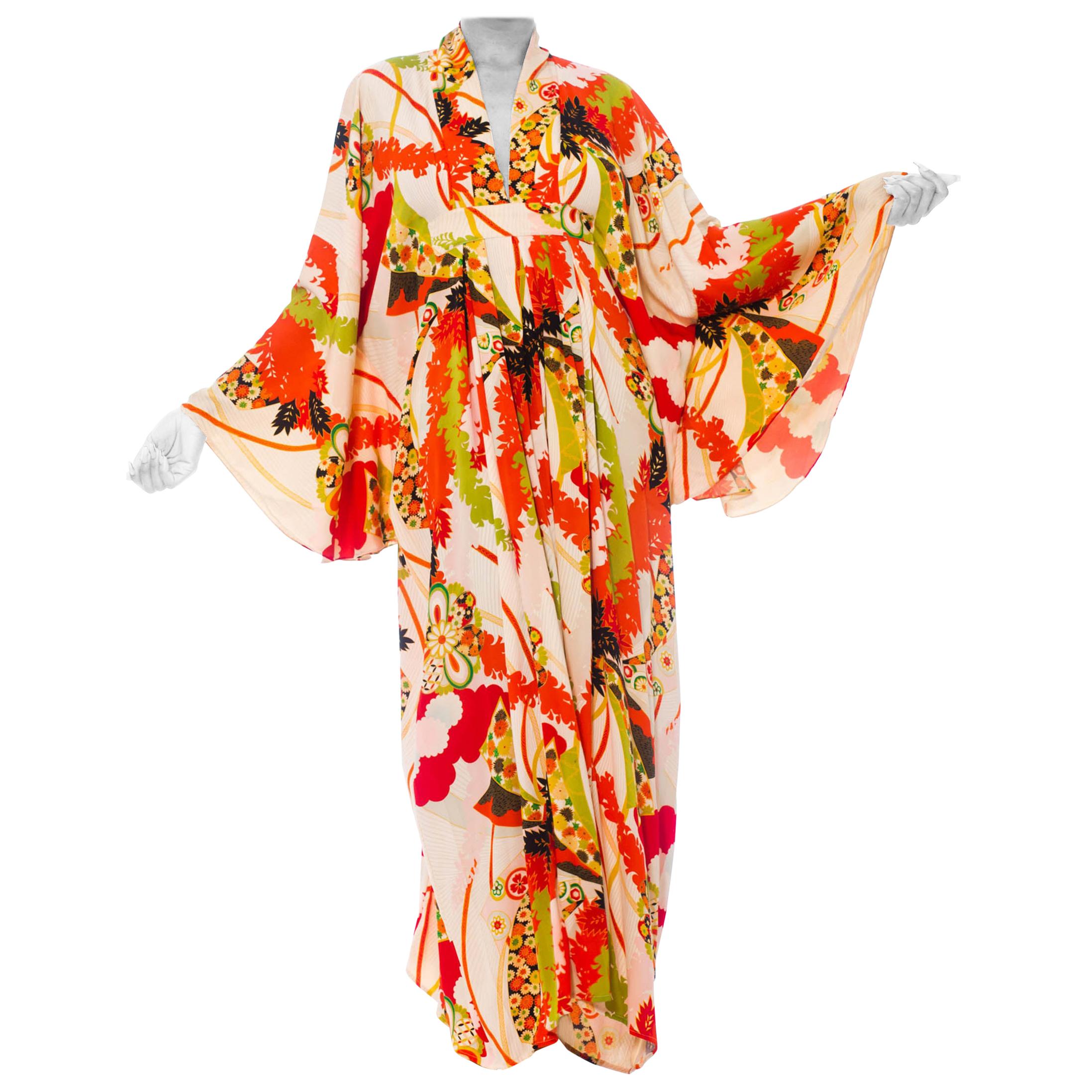 MORPHEW COLLECTION Orange & Black Floral Flutter Sleeve Kaftan Made From 1940S 