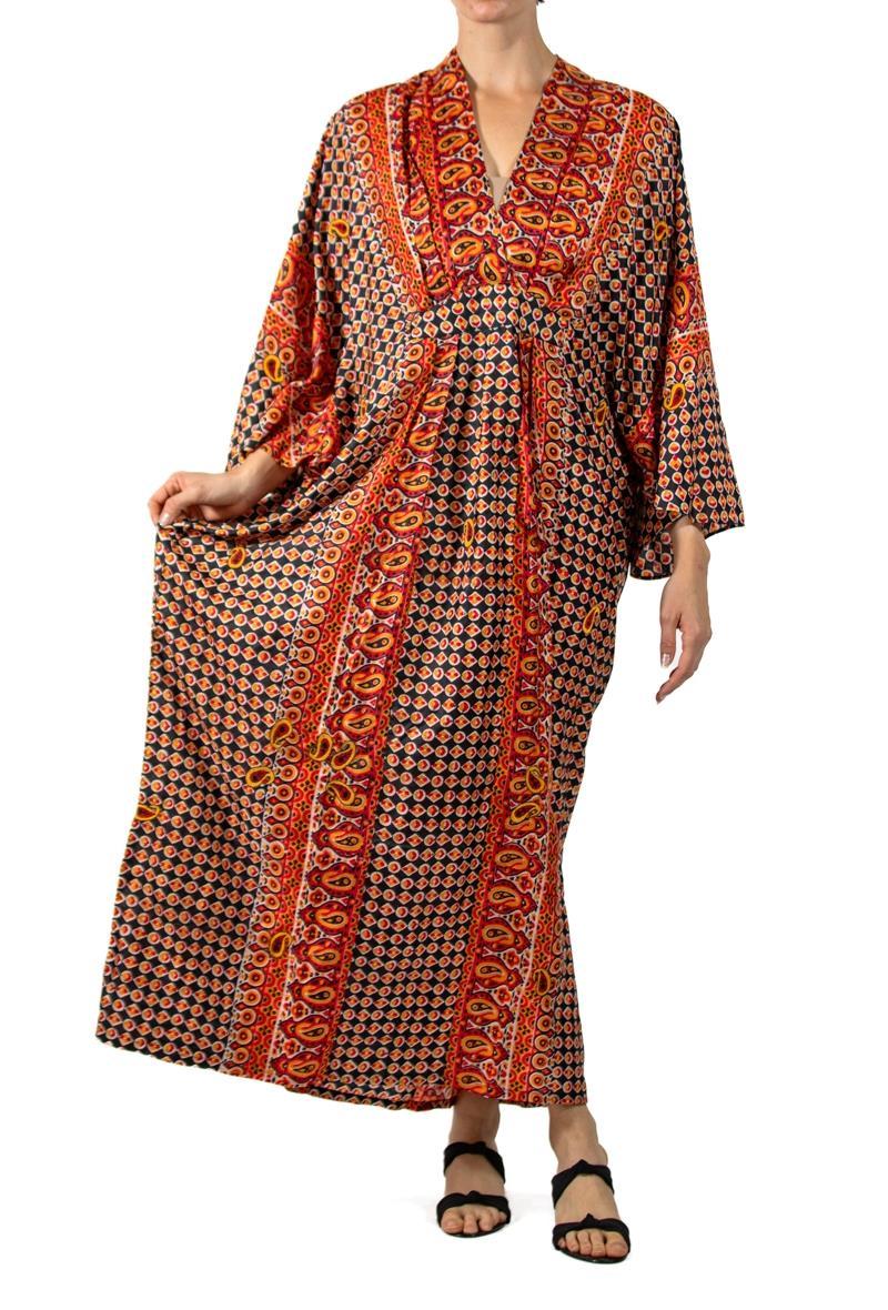 Women's MORPHEW COLLECTION Orange & Black Indian Block Printed Silk Butterfly Sleeve Ka For Sale