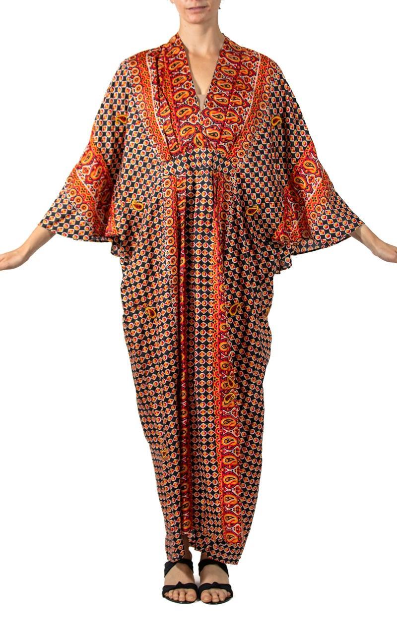 MORPHEW COLLECTION Orange & Black Indian Block Printed Silk Butterfly Sleeve Ka For Sale 4