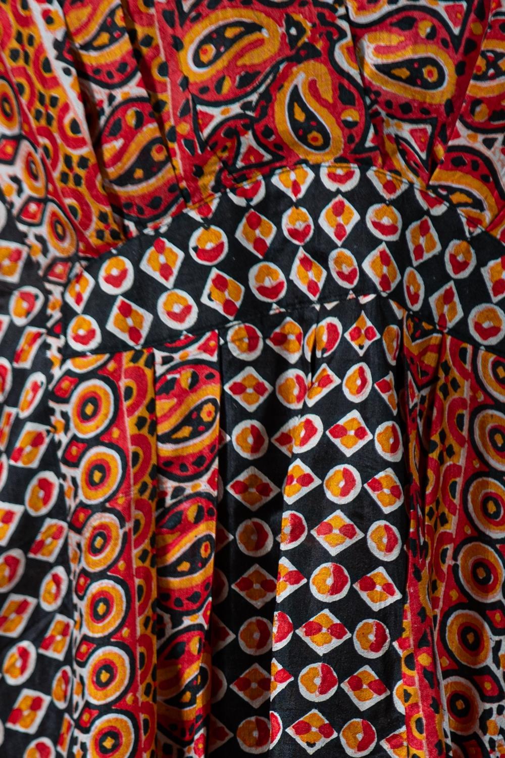 MORPHEW COLLECTION Orange & Black Indian Block Printed Silk Butterfly Sleeve Ka For Sale 5