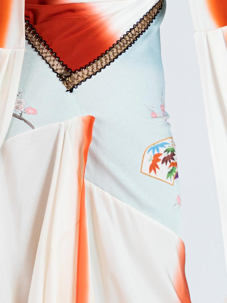 MORPHEW COLLECTION Orange and Blue Bias Cut Japanese Kimono Silk Geisha ...