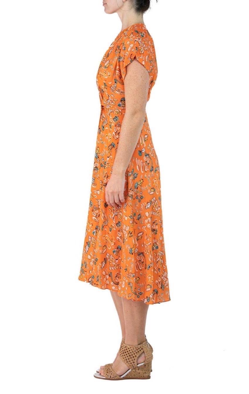 Morphew Collection Orange Cherry Blossom Novelty Print Cold Rayon Bias Dress Ma In Excellent Condition For Sale In New York, NY