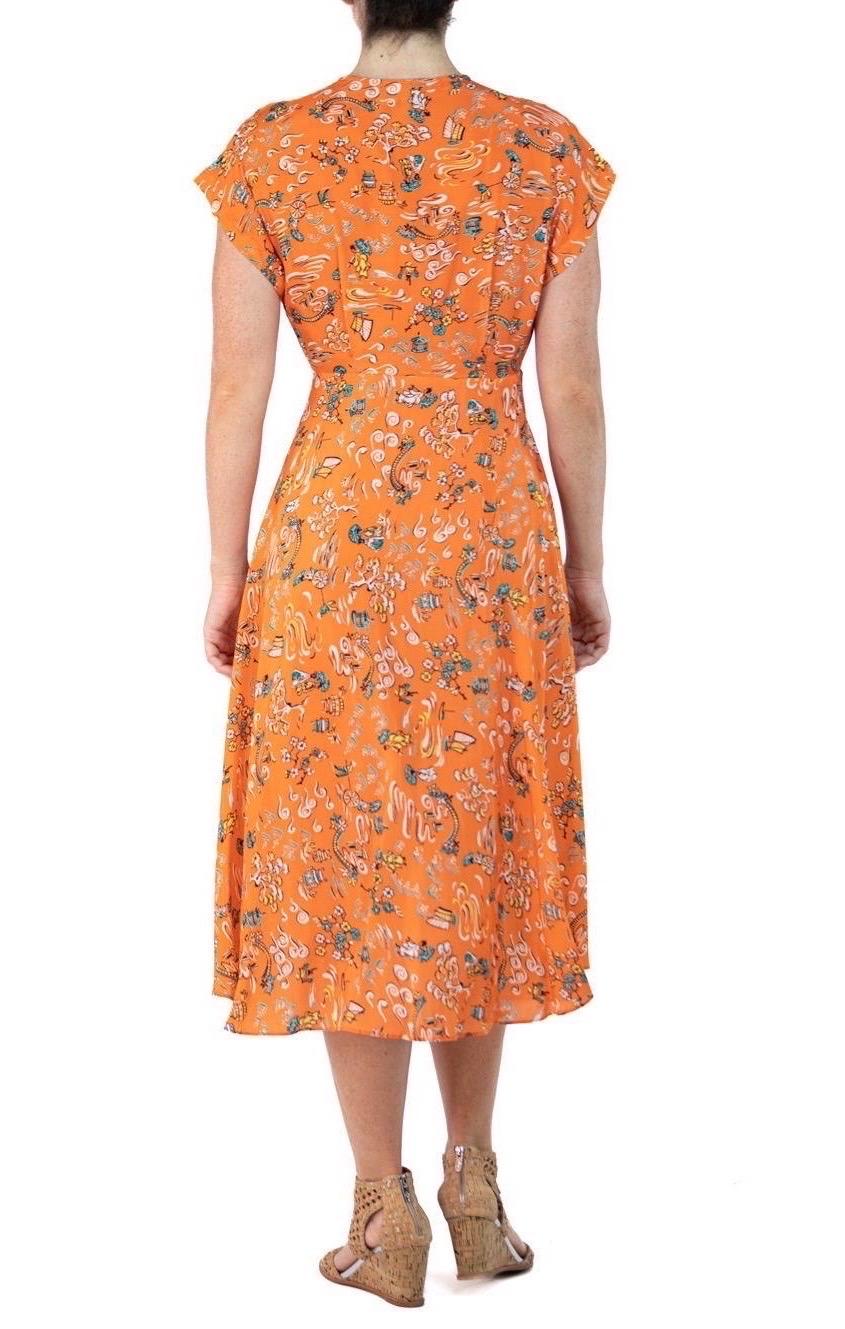 Morphew Collection Orange Cherry Blossom Novelty Print Cold Rayon Bias Dress Ma For Sale 1