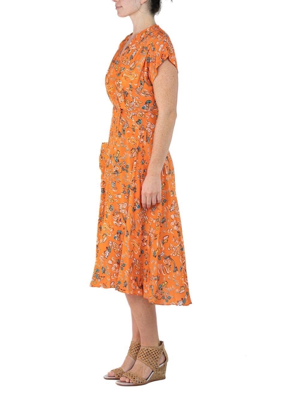 Morphew Collection Orange Cherry Blossom Novelty Print Cold Rayon Bias Dress Ma For Sale 2