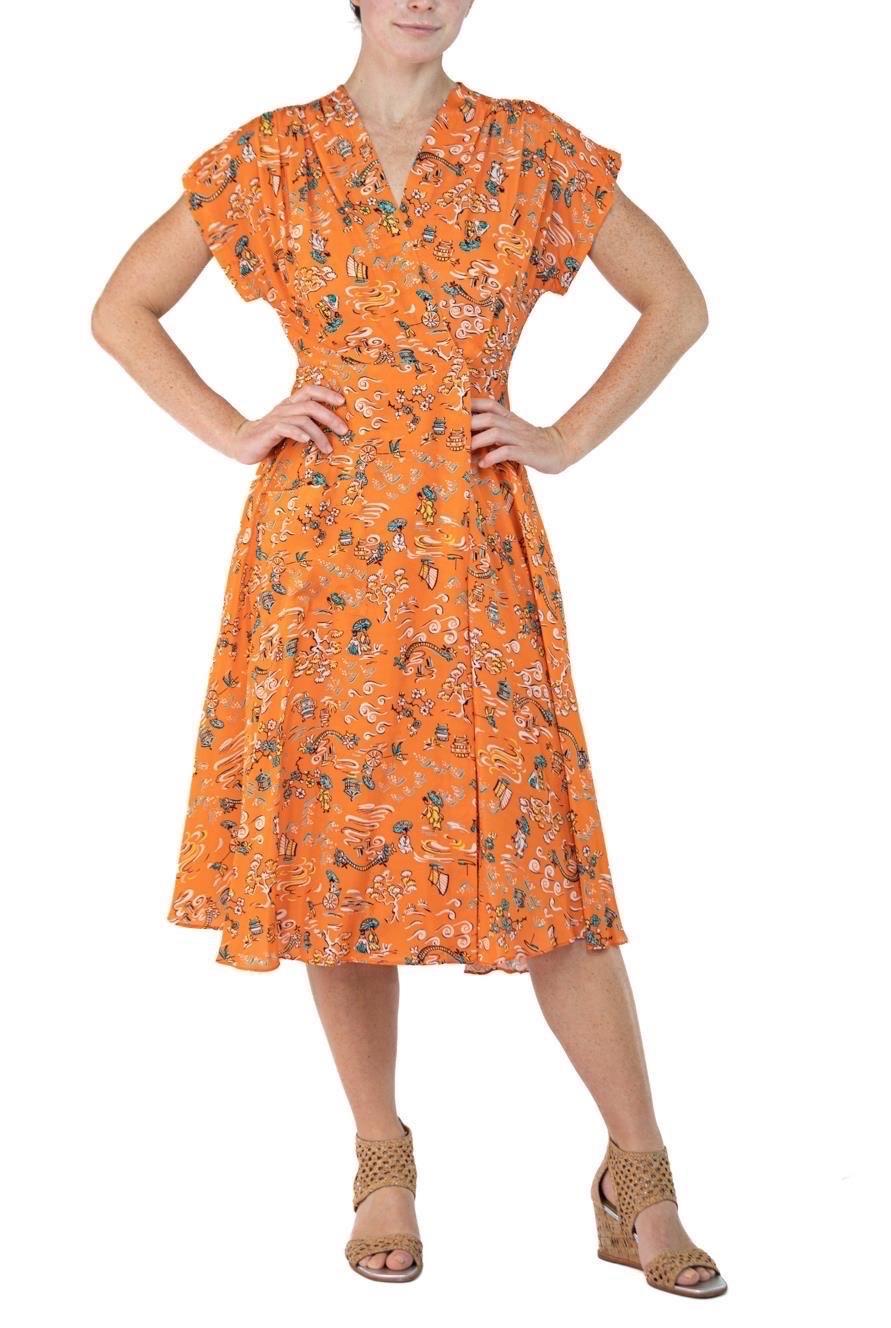 Morphew Collection Orange Cherry Blossom Novelty Print Cold Rayon Bias Dress Ma For Sale 3