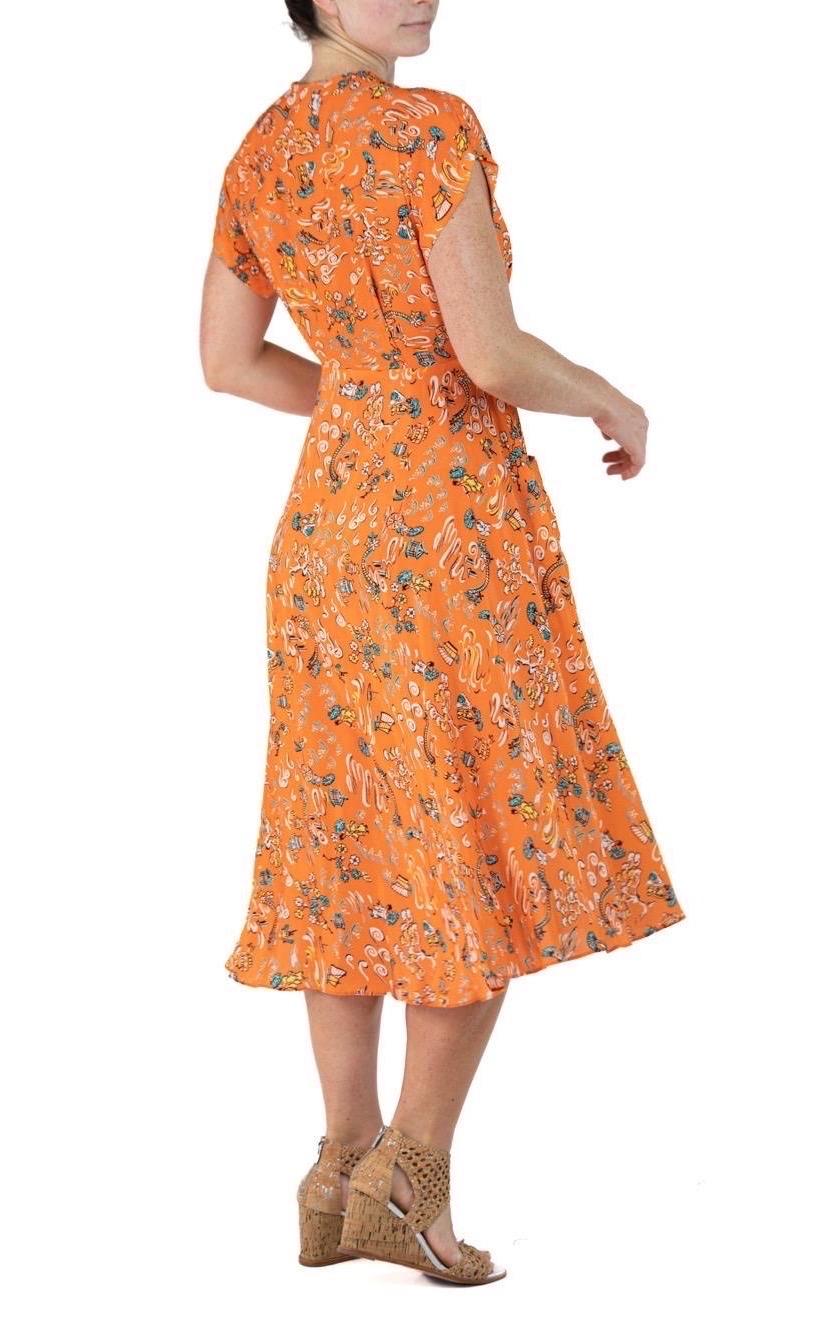 Morphew Collection Orange Cherry Blossom Novelty Print Cold Rayon Bias Dress Ma For Sale 4