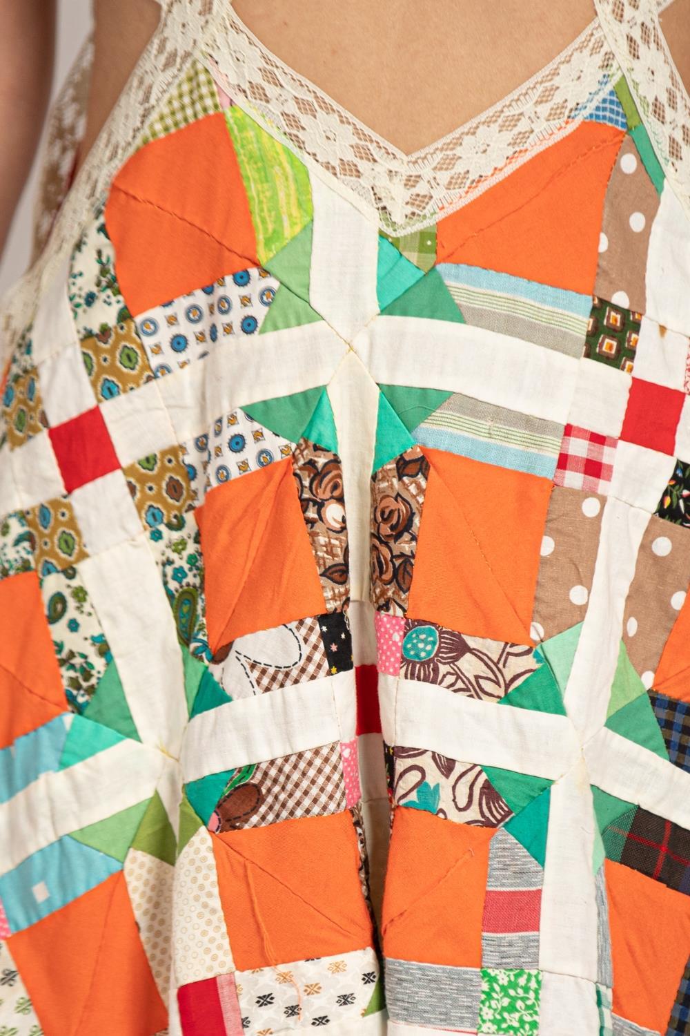 MORPHEW COLLECTION Orange Cotton & Vintage Lace Patchwork Quilt Dress For Sale 5