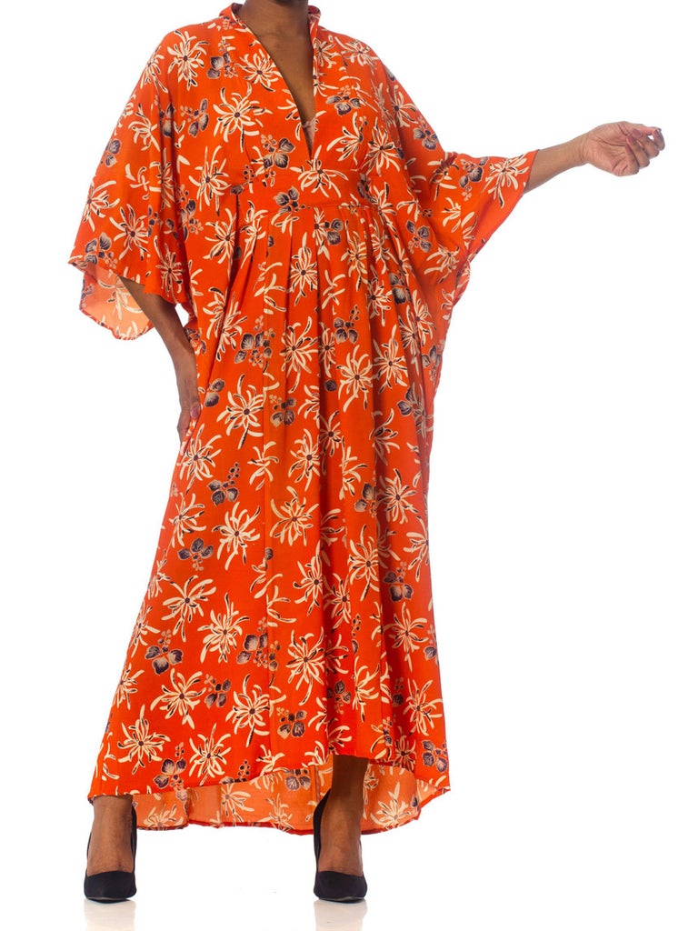 MORPHEW COLLECTION Orange Floral Silk Kaftan Made From Japanese Kimonos ...