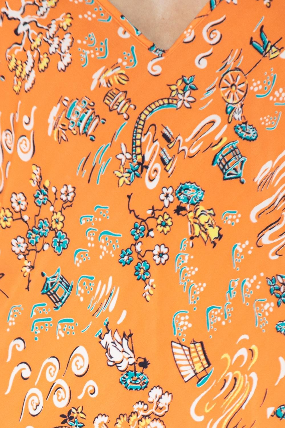 Morphew Collection Orange & Green Cherry Blossom Novelty Print Cold Rayon Bias  For Sale 6