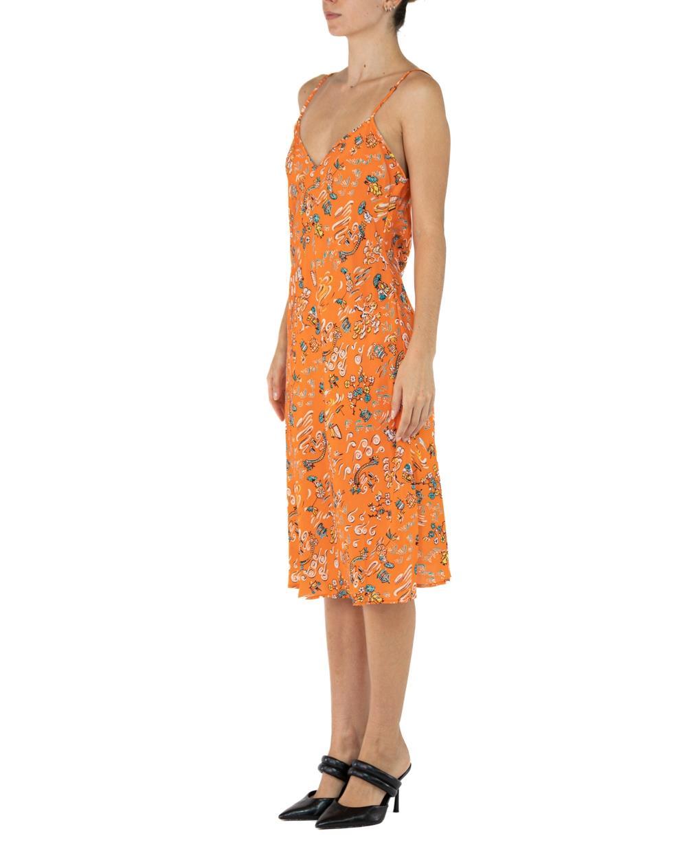 Women's Morphew Collection Orange & Green Cherry Blossom Novelty Print Cold Rayon Bias  For Sale
