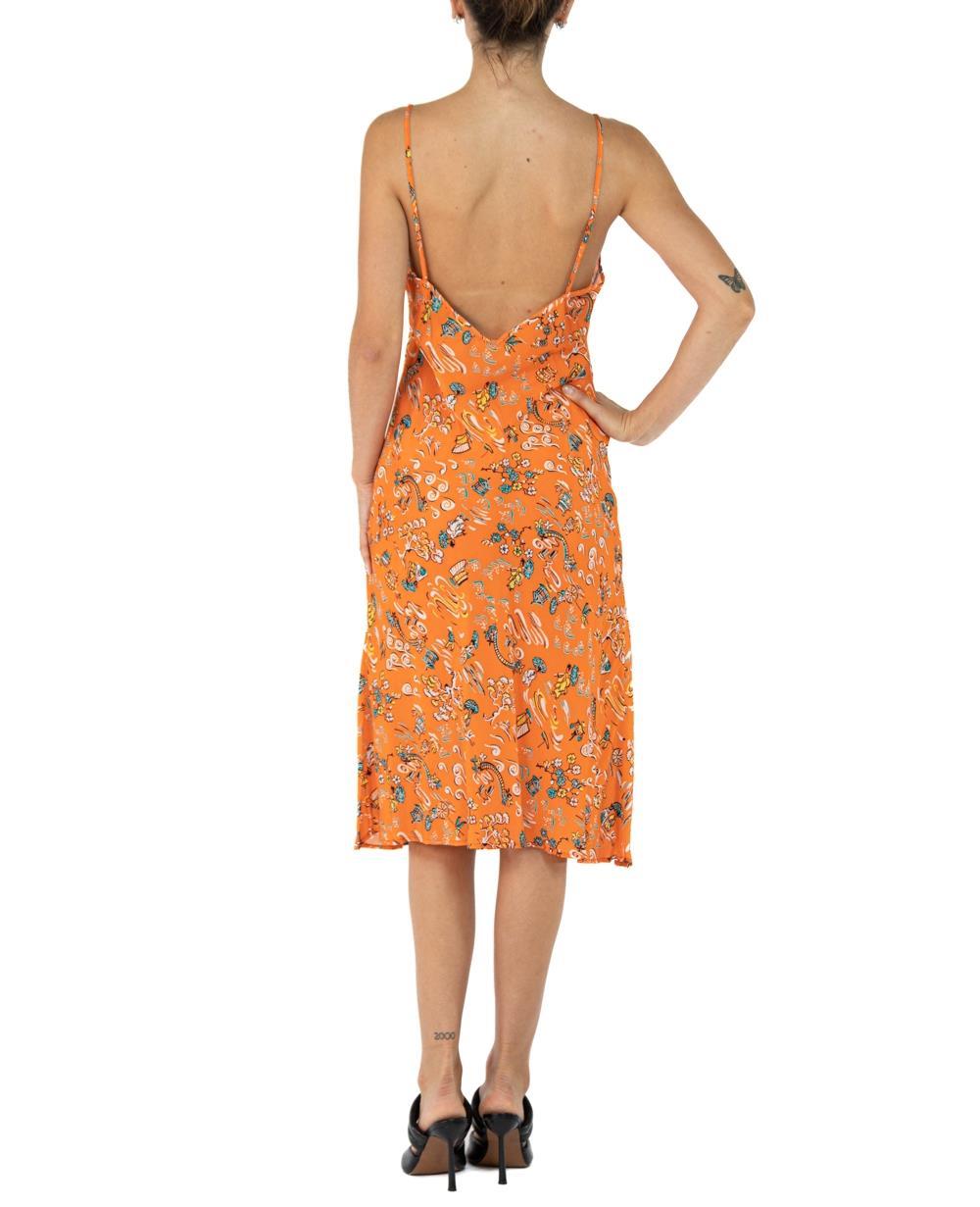 Morphew Collection Orange & Green Cherry Blossom Novelty Print Cold Rayon Bias  For Sale 2