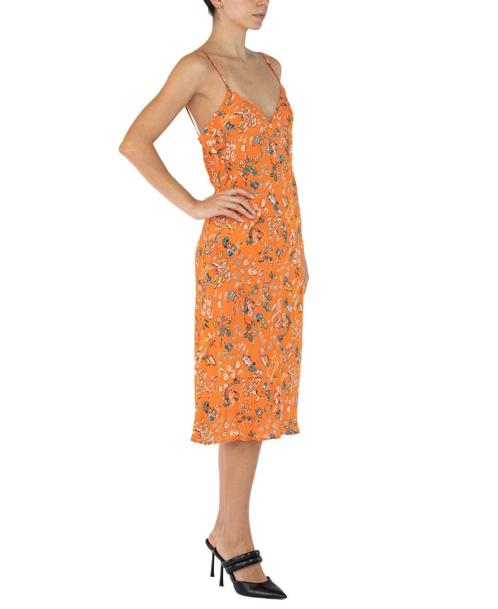 Morphew Collection Orange & Green Cherry Blossom Novelty Print Cold Rayon Bias  For Sale 4