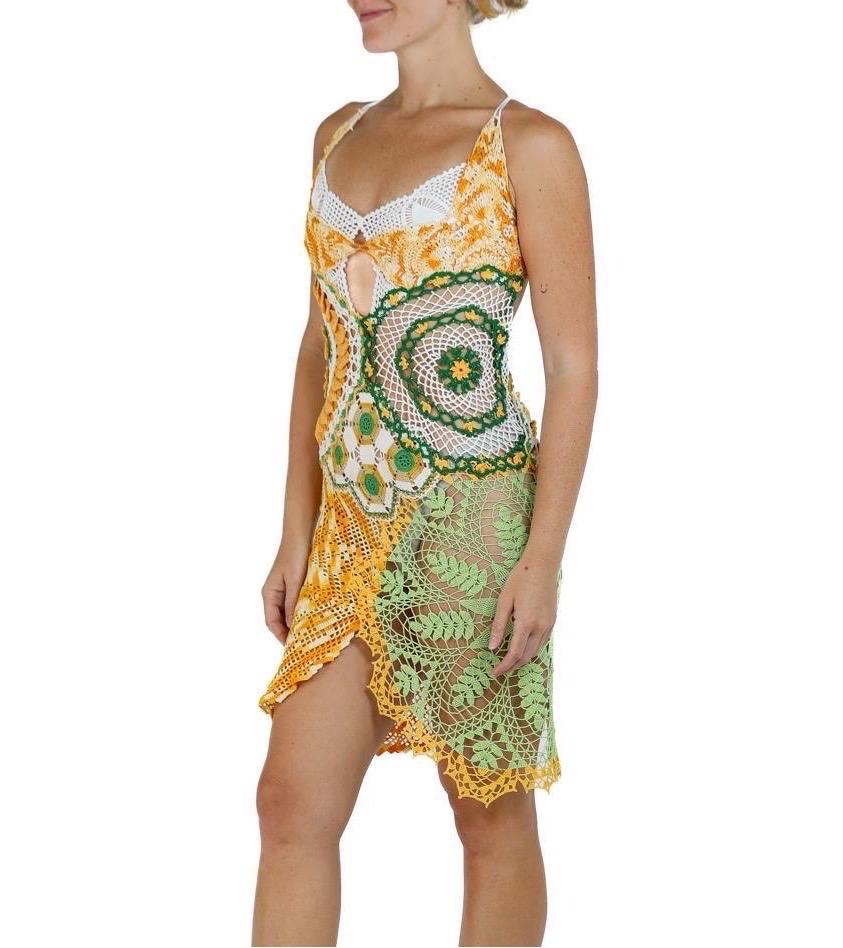 Women's Morphew Collection Orange & Green Cotton Crochet Lace Mini Dress For Sale
