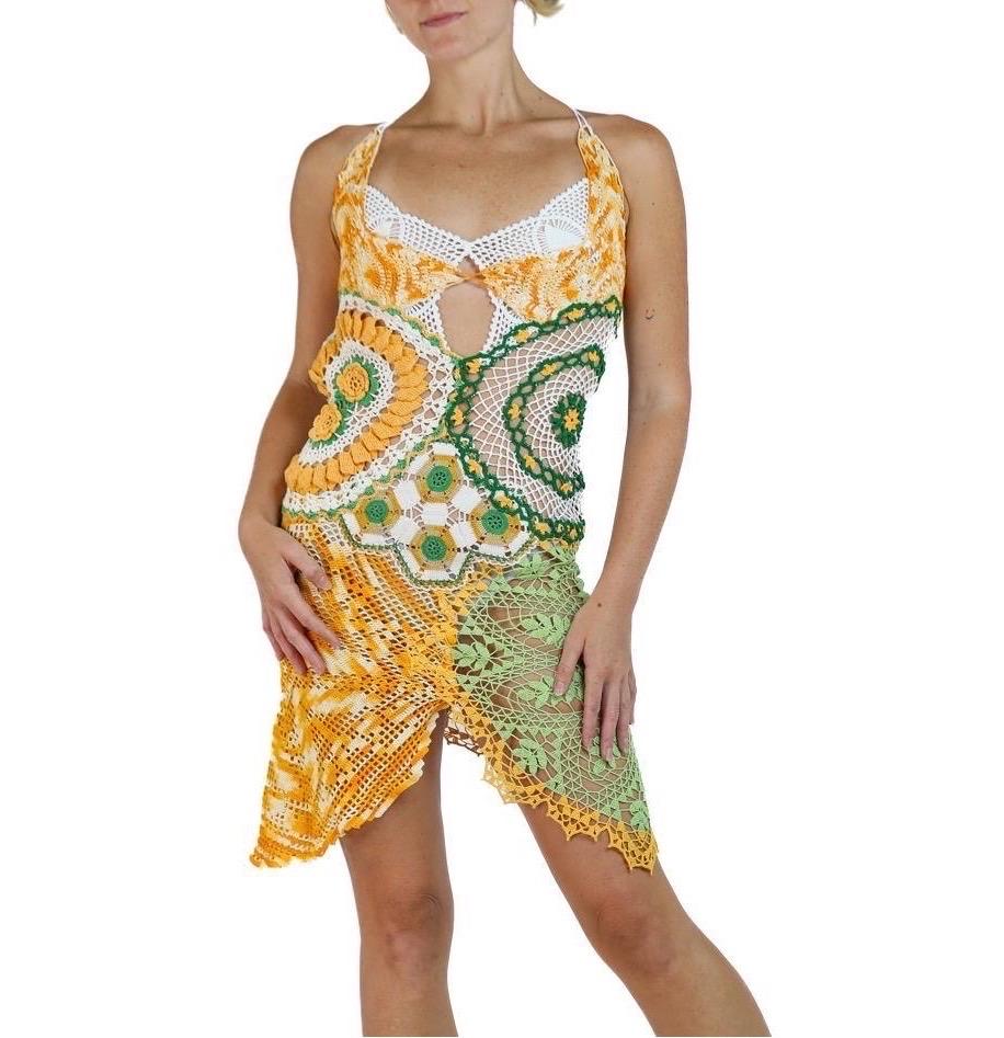 Morphew Collection Orange & Green Cotton Crochet Lace Mini Dress For Sale 2