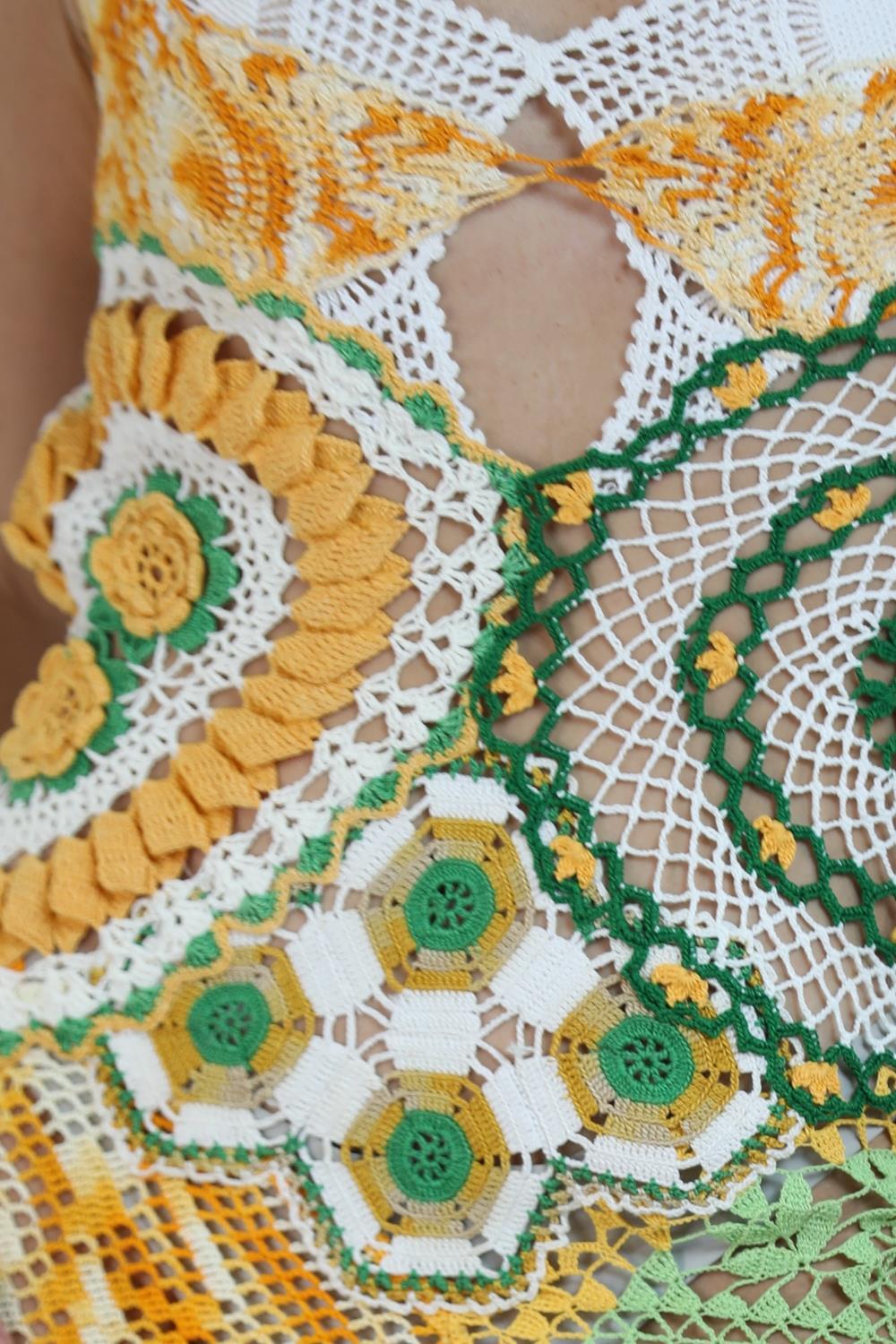 Morphew Collection Orange & Green Cotton Crochet Lace Mini Dress For Sale 3